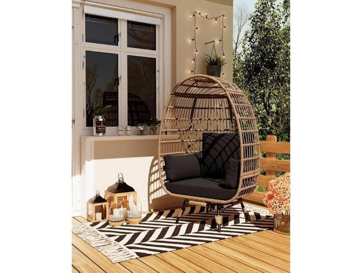 Fauteuil œuf pivotant 360° panier rotatif surdimensionné patio cadre acier base métallique imperméable rotin noir