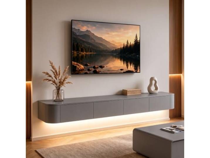Ribanedy Modernes Schwebendes TV-Regal mit LED-Beleuchtung Wandmontierte Unterhaltungsmedien-Konsole Großes Aufbewahrungs-TV-Bank für Wohnzimmer & Büro (Grau, 140cm)