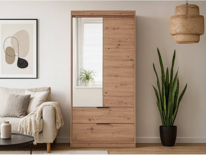 Beautysofa Kleiderschrank MADERO mit Spiegel und 2 Schubladen (mit Kleiderstange, Ablage und Schubladen, zeitlose Lösungen und Optik)
