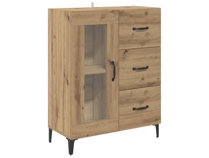 LKJephalotrope Sideboard Artisan-Eiche 69,5x34x90 cm Verbundholz Eisen Kompakter Beistellschrank mit Glastür und Schublade für Wohnzimmer und Flur, stabile Metallbeine in Mattschwarz.