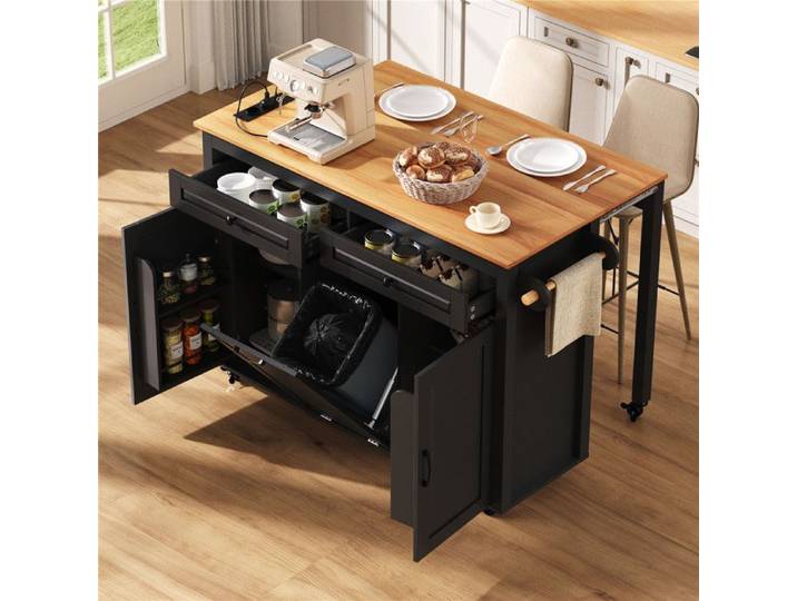 Ilot Central Cuisine 120 cm avec Plan de Travail et Multiprise USB Compartiment Poubelle Ilot Cuisine Pliante avec Étagères Noir