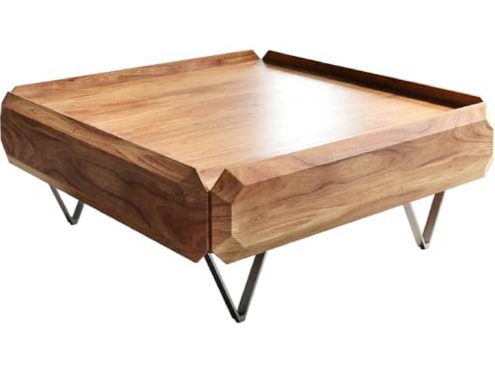 DELIFE Wohnzimmertisch Kiano Akazie Natur 90x90 cm 2 Schübe V-Fuß Edelstahl