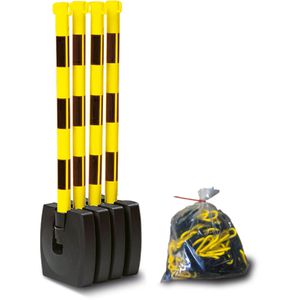 Moravia Absperrpfosten GUARDA Flex, schwarz/gelb, Kunststoff, mit klappbaren Standfuß 28x28cm, Ösen & Kette, 5x90cm, 4 Stück
