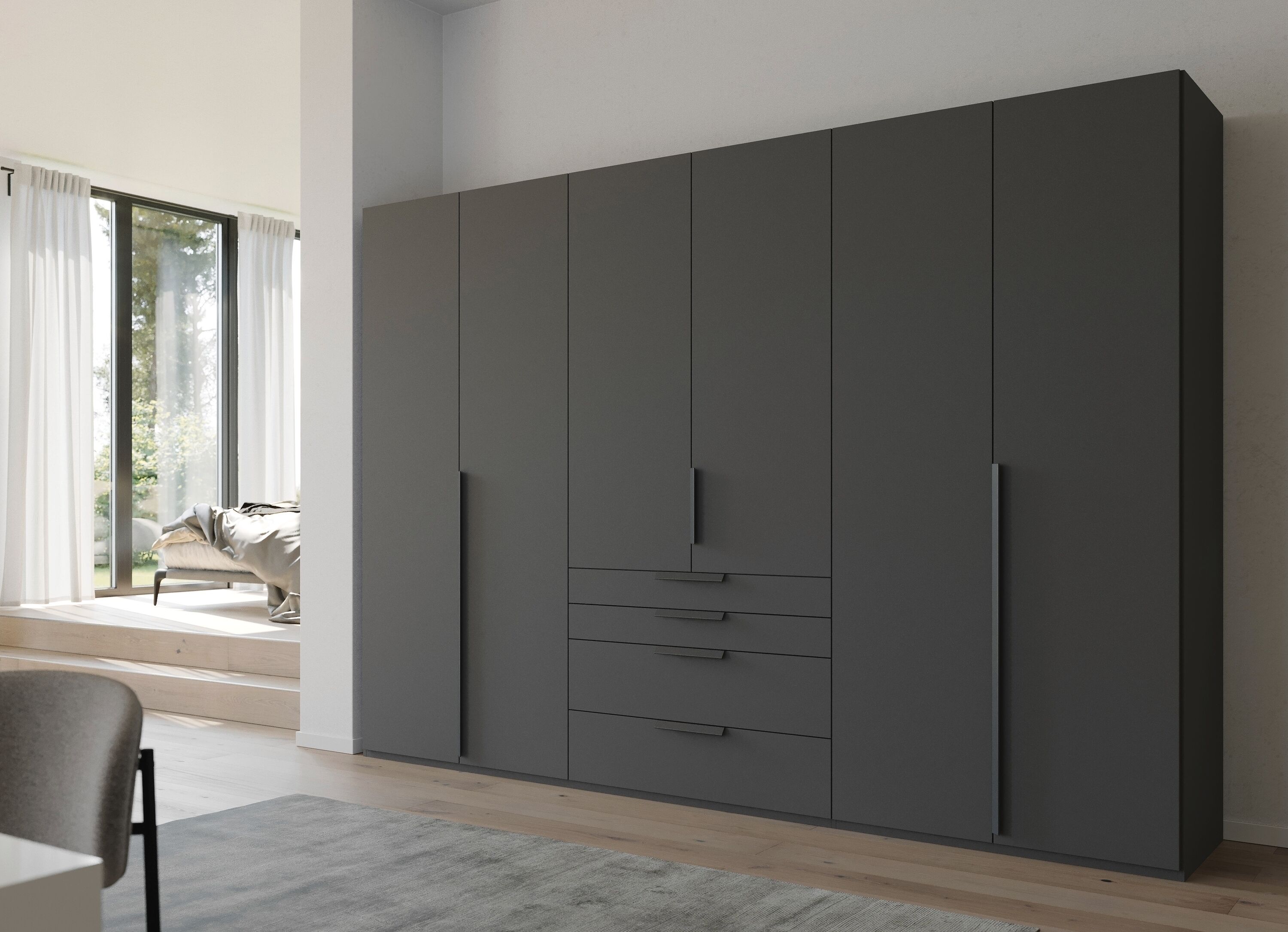 Drehtürenschrank RAUCH "Kleiderschrank Schrank Garderobe Wäscheschrank PURISMA", grau (graphit), B:301cm H:223cm T:60cm, Holzwerkstoff, Schränke, Drehtürenschrank, mit Schubladen und umfangreichem Zubehör MADE IN GERMANY graphit Graphit, B/H/T: 301cm x 22