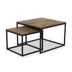 Relaxdays Satztisch 2er Set, Industrial Design, 65 cm & 75 cm, Holzoptik & Metall, eckige Beistelltische, braun/schwarz