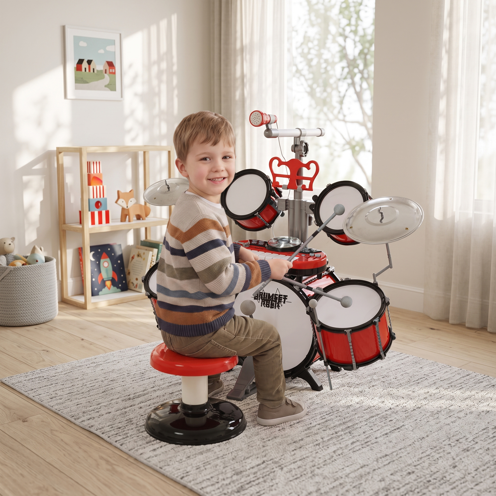 Homcom Batteria Giocattolo per Bambini con Microfono e Effetti Sonori Inclusi Gioco Musicale Divertente 45x25x140cm Colore Rosso Aosom