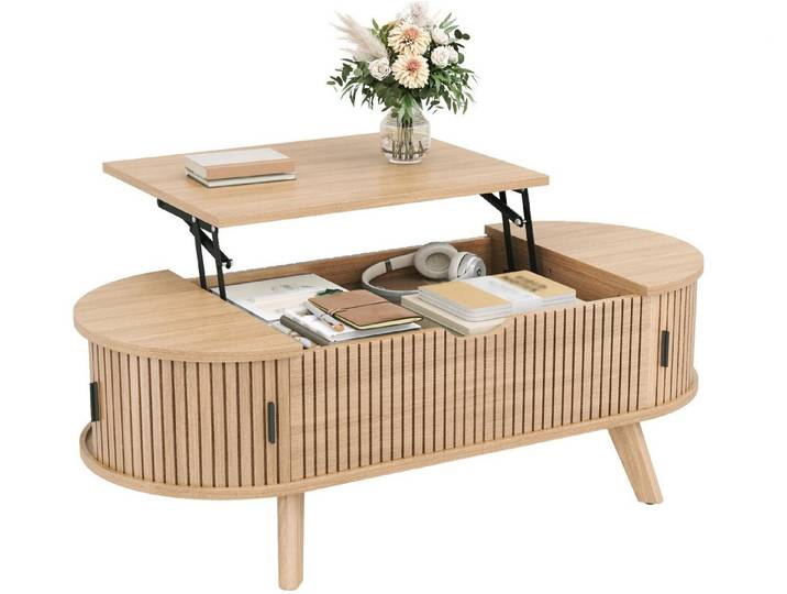 SeedWave Couchtisch Ovaler Sofatisch mit anhebbarer Tischplatte 38,5-53,5 cm (1 Tisch), Wohnzimmertisch mit Rillenoptik und ausgestellten Massivholzbeinen