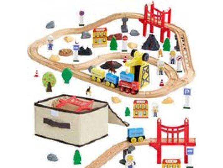 VEVOR Circuit de Train Bois Enfants 3-8 Ans Ensemble Rails de Train Bois 70 PCS Jouet pour Noël Anniversaire Garçons Filles, avec Grue Magnétique, Compatible avec Grandes Marques, Chantier Transport