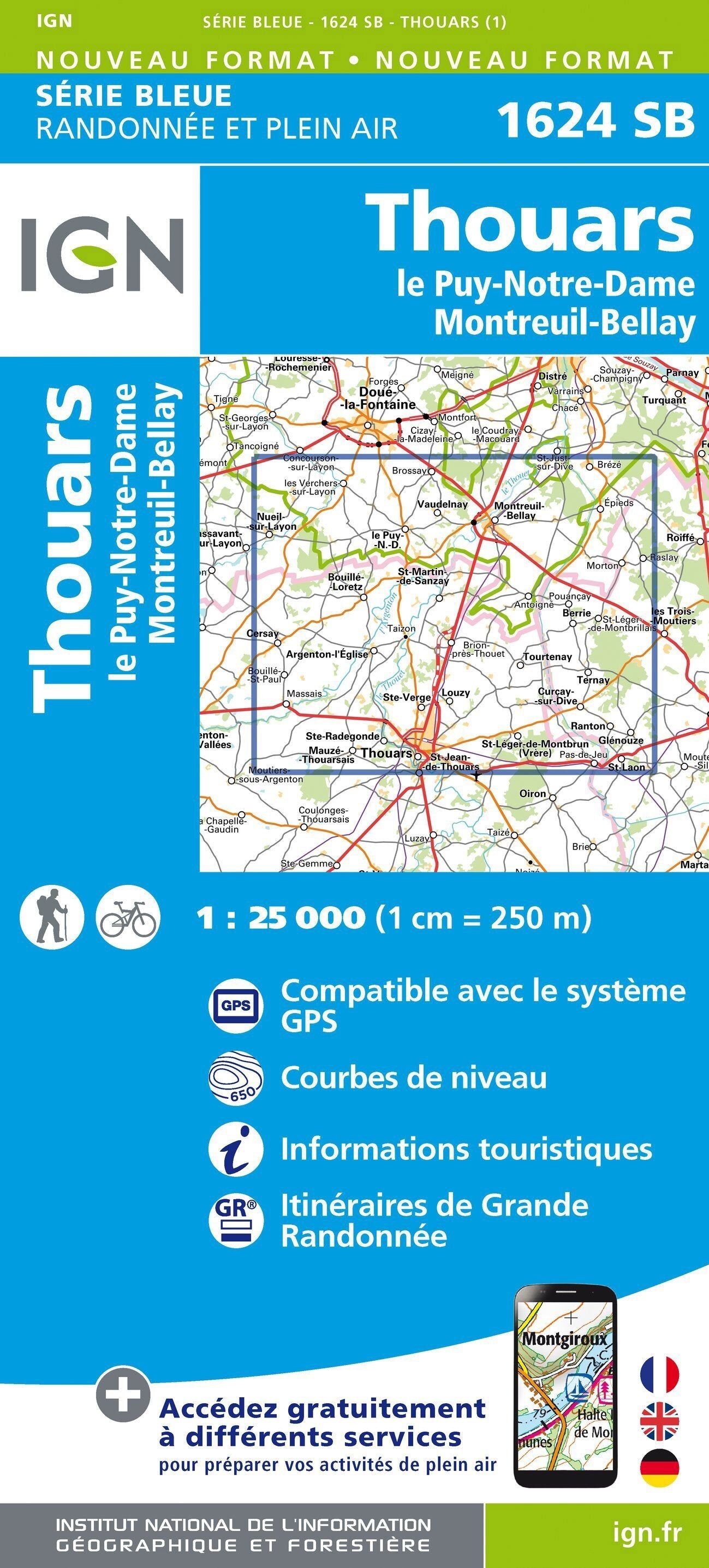 Carte de randonnée IGN Série Bleue n° 1624 - Thouars, Le Puy-Notre-Dame, Montreuil-Bellay