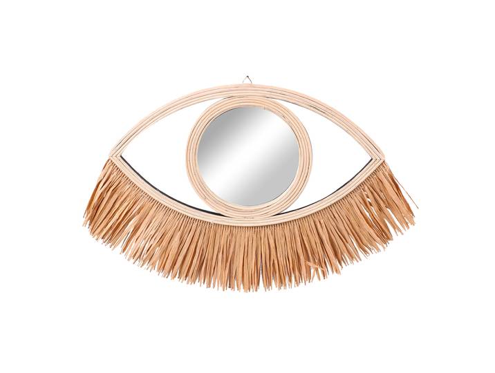 Spiegel mit Bambusrahmen und Bastfransen, Augenspiegel, beige, braun, 41 x 31 cm