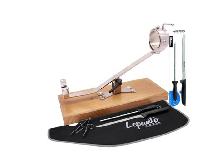 LEPANTO LepantoHouse Schinkenhalter Future drehbar Basis Holz Farbe Walnuss für Schinken und Pfannenwender + Messer Arcos Nizza + Gestell + Schinkenabdeckung + Zange (Walnussholz)