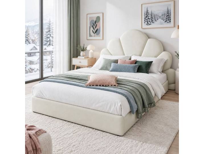 Lit 140x200 cm en velours beige avec tête en pétales sculptées – Design moderne et romantique