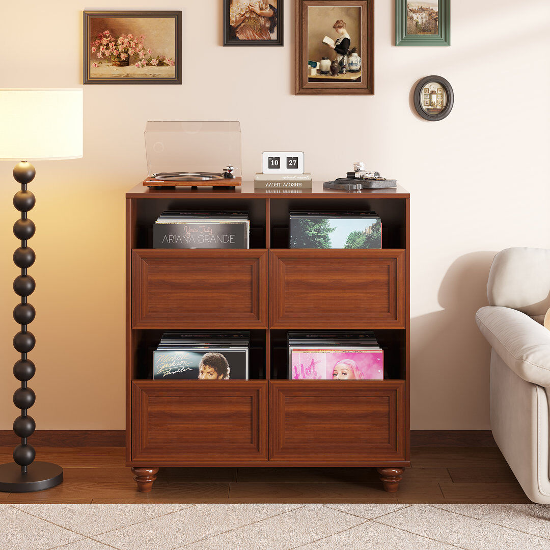 George Oliver Freestanding Vinyl LP Record Storage Cabinet, 4 Pull-out Drawers for Albums Brown 85cm H X 80cm W X 40cm D