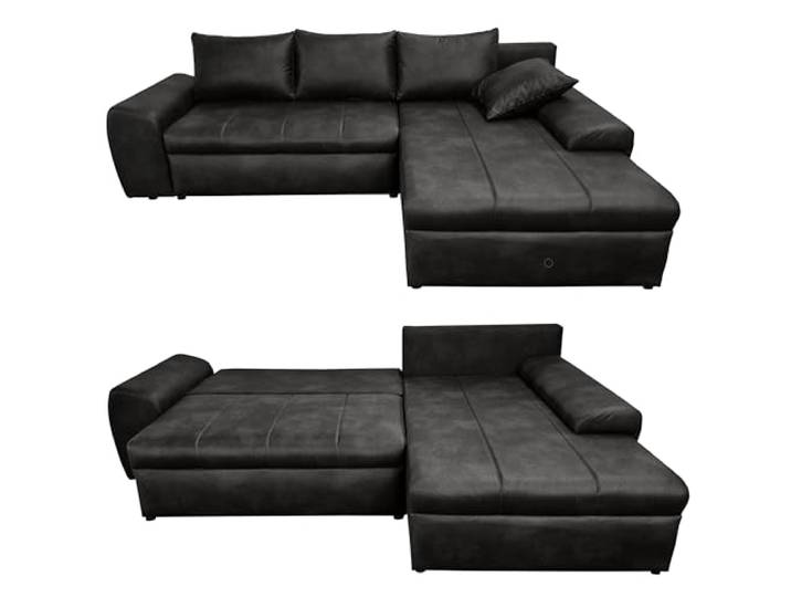 luma-Home 18013/ Vintage Ecksofa mit Schlaffunktion & Bettkasten, Schwarz B266/T186/H90 cm, Ottomane rechts, Wellenunterfederung, gemütliche Lounge Couch, Bezug Mikrofaserstoff in Leder-Optik