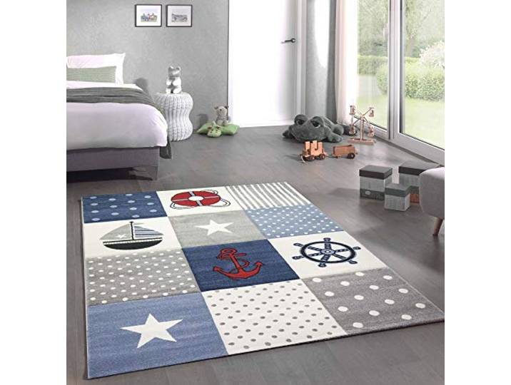 CARPETIA Kinderteppich Kinderzimmerteppich Kinderzimmer Jungen Maritim Meer kariert blau Größe 160x230 cm