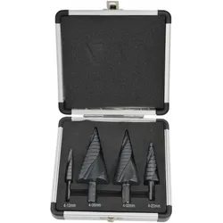 Awtools, Bohrereinsatz, AW WIERTŁO STOPNIOWE SPIRALNE KPL. 4szt./ 4-12 4-20 4-32 4-39mm/ AICrN/ CZARNE/ ETUI PLASTIK