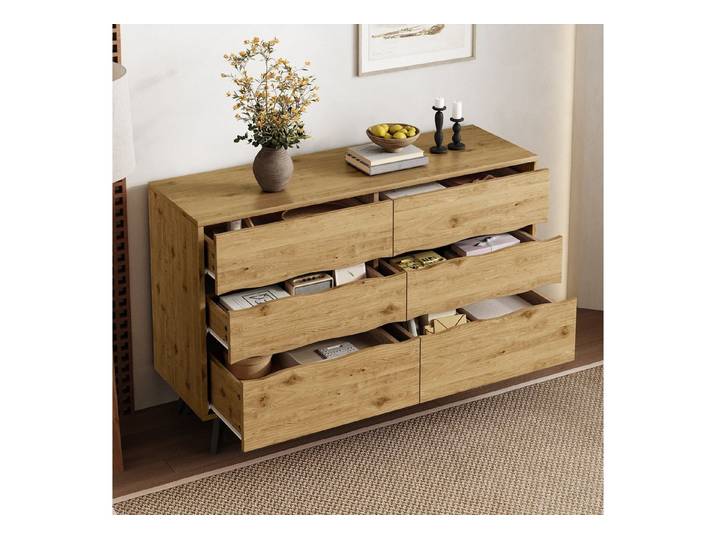 IDEASY Sideboard Sideboard mit 6 Schubladen, Holzoptik & Metallfüßen