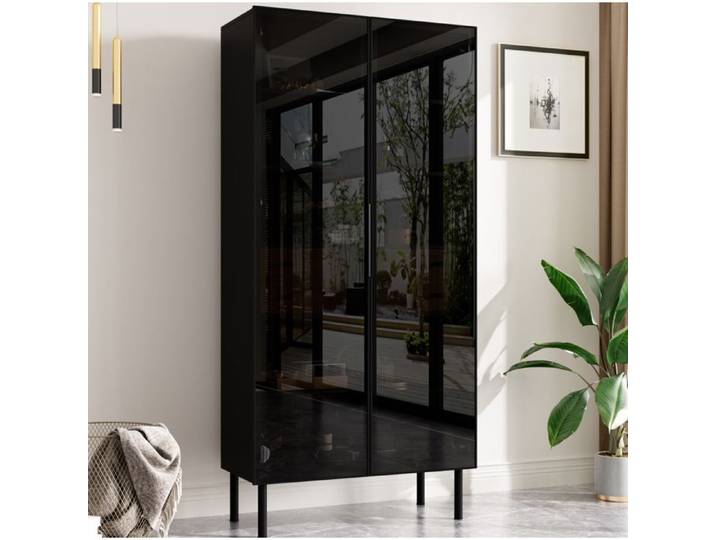 Vitrine 2 Portes Vitrées Noire Vitrine Sur Pied Moderne FloraGrace Pour Salon Avec LED App 70x36x170cm