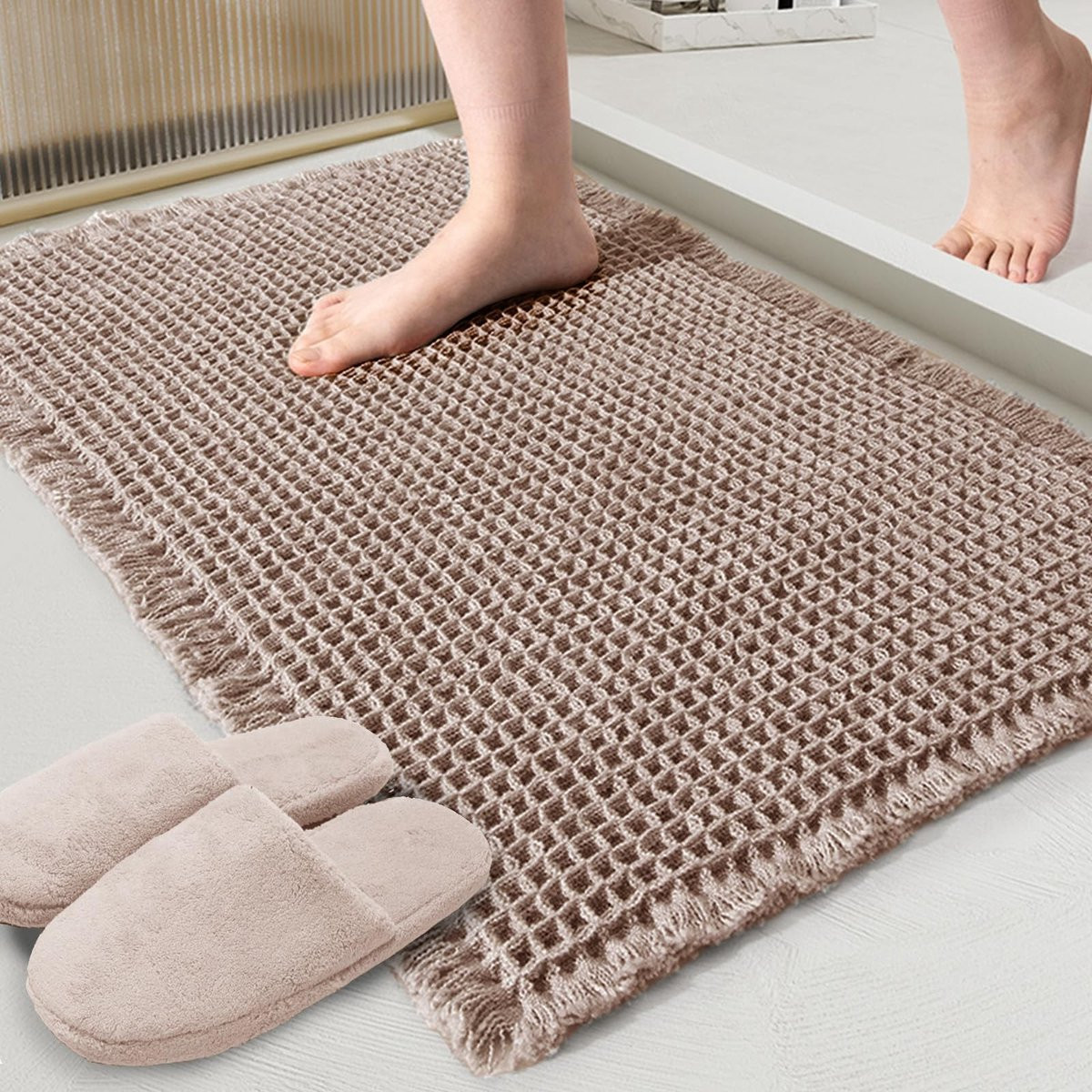 Elzusha Bruine Wafel Badmat - Super Absorberend en Ultrazacht Antislip Badkamer Tapijt - 45 x 76 cm