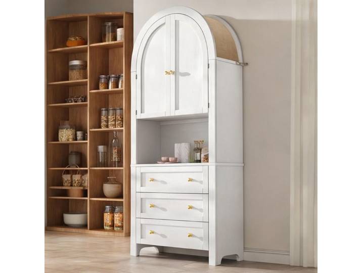 Buffet colonne blanc mat MDF 3 tiroirs et placard design courbe L70 cm