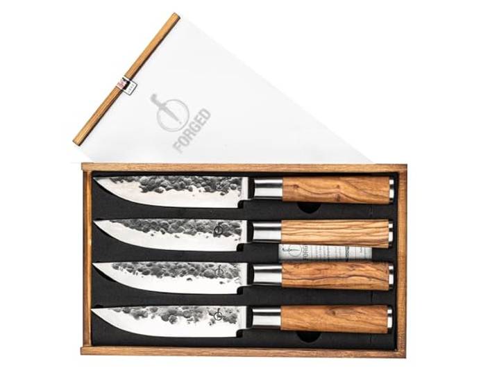 Forged Olive Steakmesser-Set, 440C Edelstahl, Olivenholz-Griff, XXL 4-teilig