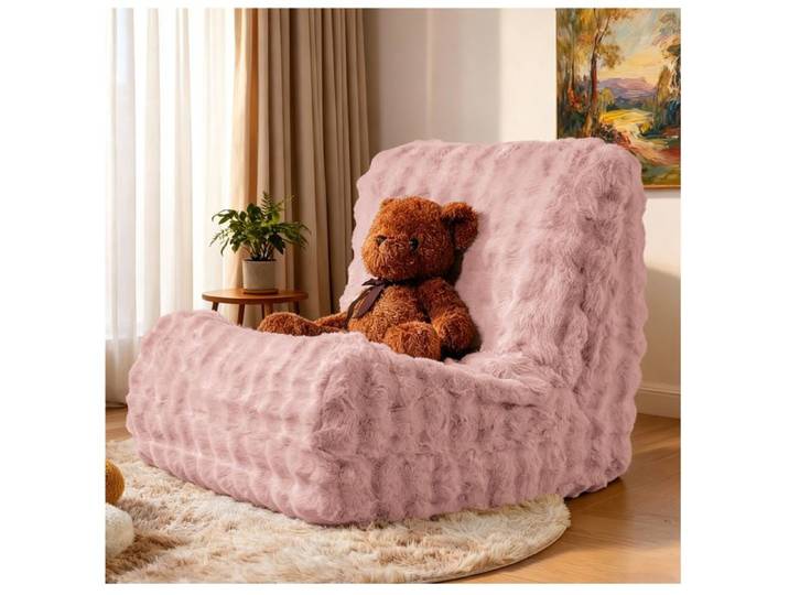 WOVREO Fauteuil pouf à dossier et accoudoirs chaise bean bag rose en tissu flannelette salon chambre