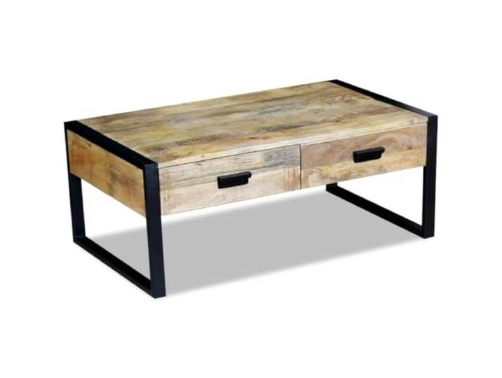 GHVBNMF Couchtisch Massivholz Mango mit 2 Schubladen 100x60x40 cm Rustikaler Beistelltisch aus Mangoholz und Eisen für das Wohnzimmer mit 2 Schubladen für Fernbedienungen und Dekoartikel.