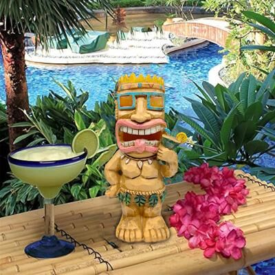 Outdoor Solar Garden Lights Solar Tiki Lights Outdoor Statues Backyard, Tiki Totem Decor For Hawaiian Party, Tropical Garden Statues Patio margarita Mug