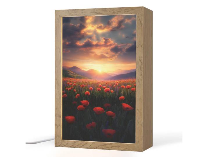 OnlyWow Tischleuchte - Landschaft - Sonnenuntergang - Blumenfeld - 20x30 cm, Dunkelblau, Holzwerkstoff, Rechteckig, LED integriert, 20x30x8 cm, Lampen & Leuchten, Innenbeleuchtung, Tischlampen