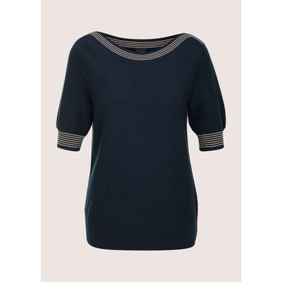 Longpullover MADELEINE "Feinstrickpullover Sommerpullover mit Streifen-Details", Damen, Gr. 36/38, blau (marine, berber), Obermaterial: 100% Baumwolle CO., Modern, U-Boot-Ausschnitt, Pullover Longpullover, Kontrastelemente