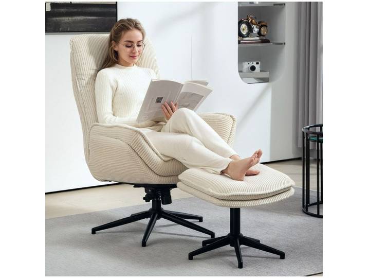 Fauteuil relax pivotant 360° avec repose-pieds dossier inclinable - MEUNIQ - polyester beige