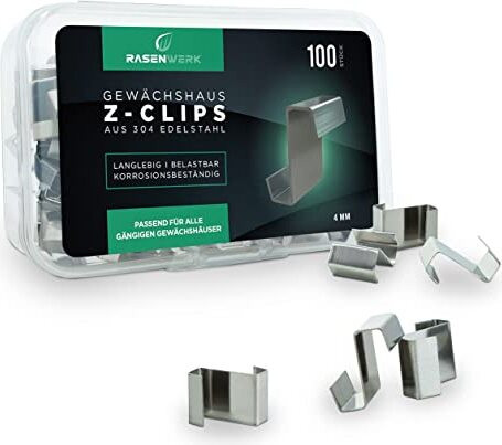 RASENWERK Z-clips voor kassen, 100 stuks, roestvrij staal AISI 304, geschikt voor kasplaten tot max. 4 mm dik