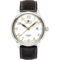 Zeppelin Herrenuhr LZ 127 Graf Zeppelin 76561 - Weißes Ziffernblatt mit goldenen Zahlen/Indices,dunkelbraun,weiße Naht - 40mm