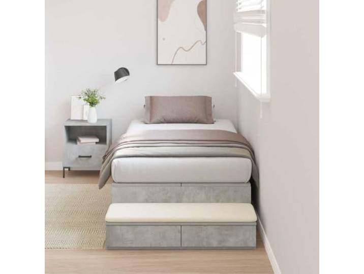 RJPLMFV Bettgestell, 90 cm, Betongrau Massives Kiefernholz, Türen und Schubladen, Ledergriffe, Latten, ohne Lattenrost