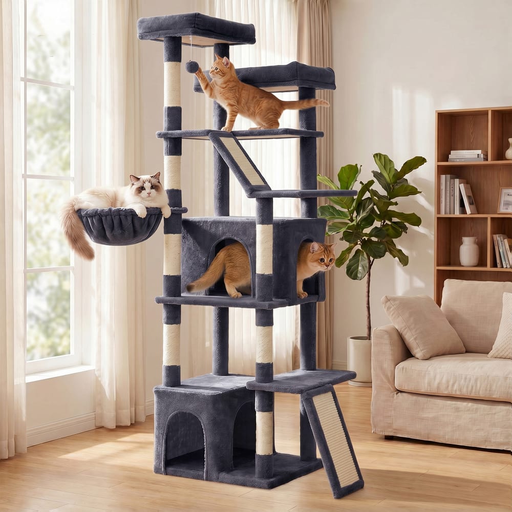 FEANDREA Grand arbre à chat en sisal pour chats d'intérieur tissu peluche gris Gris 55x185x45cm