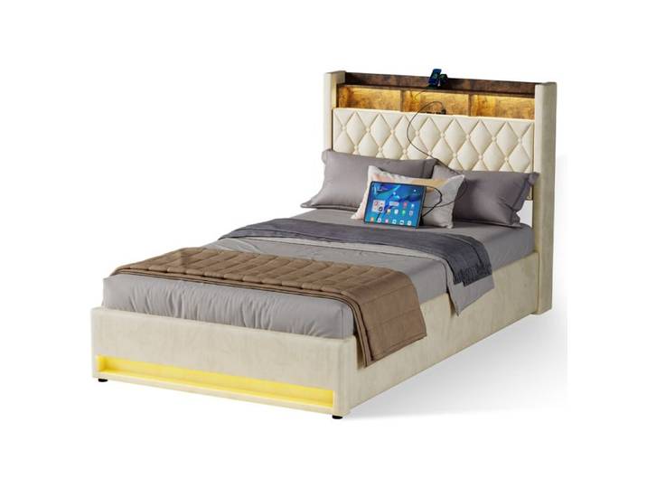 Lit coffre ULEVR avec rangement integre sans Matelas Beige 140x200 cm