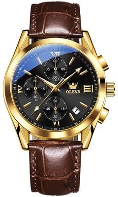 Everyday Crate OLEVS 2872 Mens Chronograph Watch Waterproof Quartz Watch With Genuine Leather Strap black + Gold