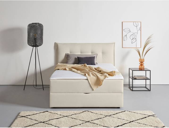 Boxspringbett, Strukturstoff, Beige, 175×213 cm, Inkl. Bettkasten & Topper, Skandinavisch, andas