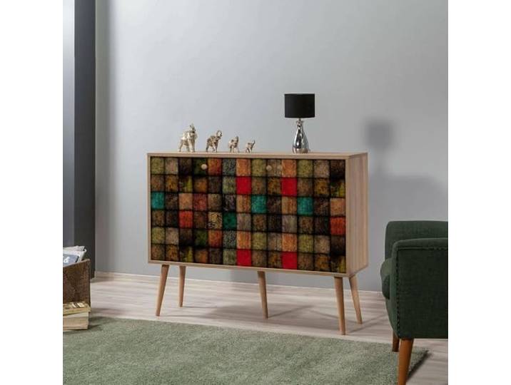 Dmora - Kommode Nunki, Wohnzimmerbuffet, Wohnzimmer-Sideboard, Moderne Küchen-Speisekammer, 120x36h90 cm, Eiche und Multicolor