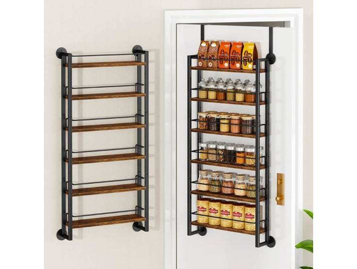 Étagère à épices murale 6 niveaux brun - hauteur réglable porte-manteau et organisateur de porte intégrés
