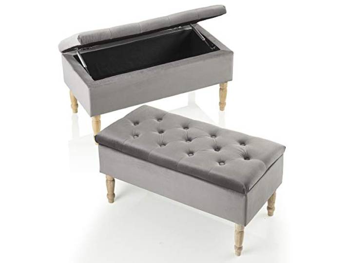 Baroni Home MONTEMAGGI Fußhocker, Aufbewahrungsbox aus grauem Samt mit Holzbeinen, 35 Liter, 80 x 39 x 40 cm