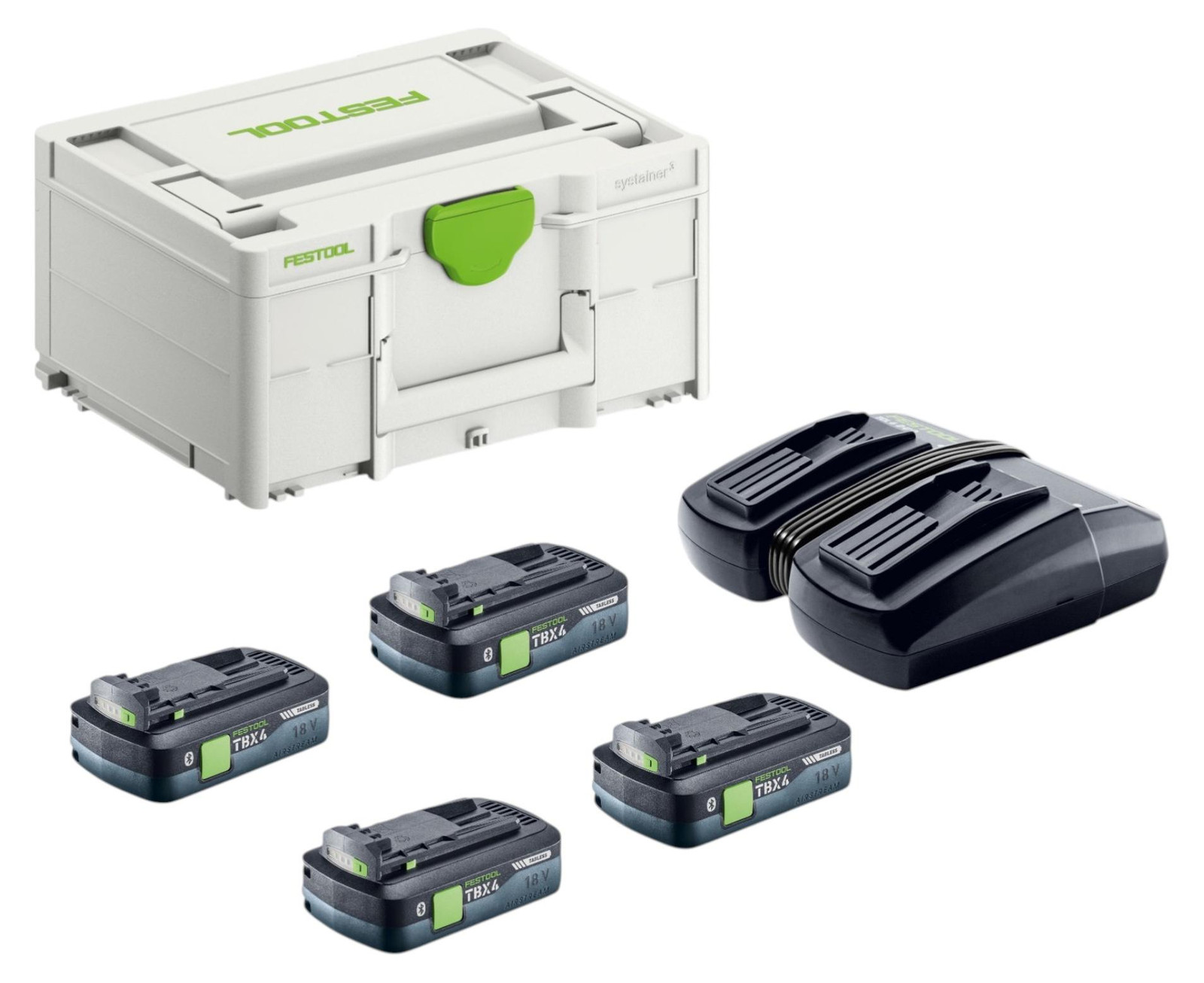 Festool Energieset TCL 6 DUO Dubbele Snellader 10,8 V - 18 V met 2x BP 18 TBX 4 C-ASI Tabless Akkupack