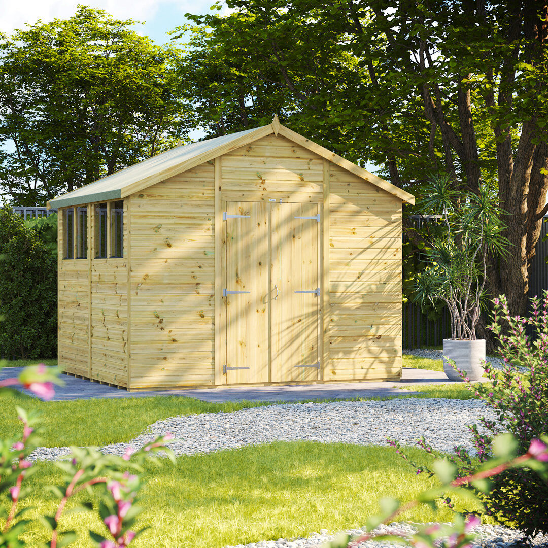 Powersheds 8 x 10ft Premium Pressure Treated Timber Apex Garden Shed, Double Doors Natural with Green Tint 317cm W X 270.4cm D X 260.6cm H