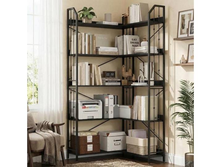 Etagère angle L 5 niveaux 72  plateau bois pied noir industriel rangement salon bureau chambre