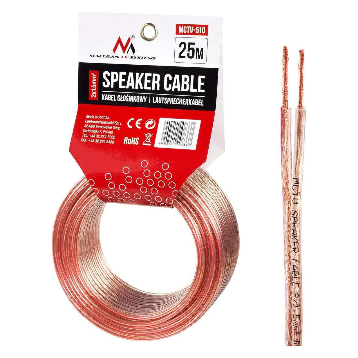 Maclean Bobine de câble haut-parleur 2x1,5mm² 25m (Transparent) (25 m, 1.50 mm²) (MCTV-510)