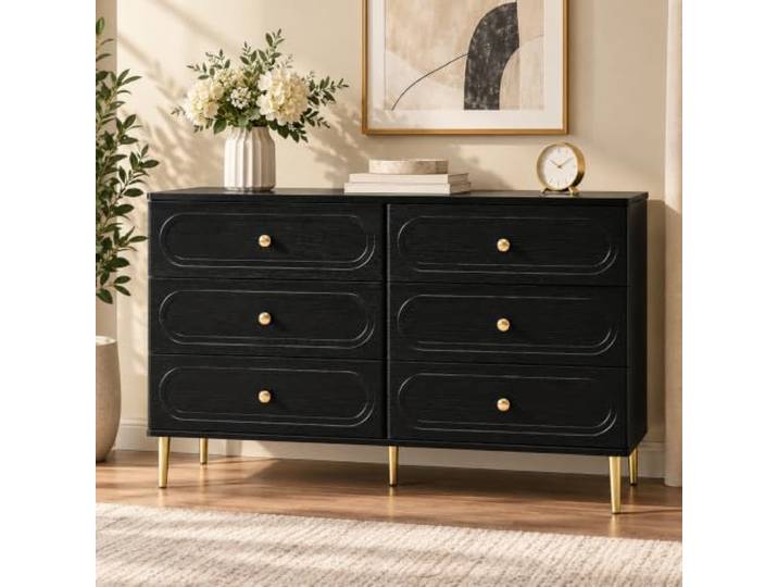 Sideboard Kommode mit 6 Schubladen und Metallfüßen (Schwarz) Ovale Frontdetails, erhöhte Bauweise & pflegeleichte Oberfläche: Moderner Stauraum für ein ordentliches Wohnambiente.