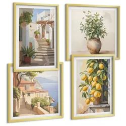 BILDER SET 4er Set - 50x50 cm & 40x60 cm Goldrahmen - Zitronenblumen im Topf, Straßen