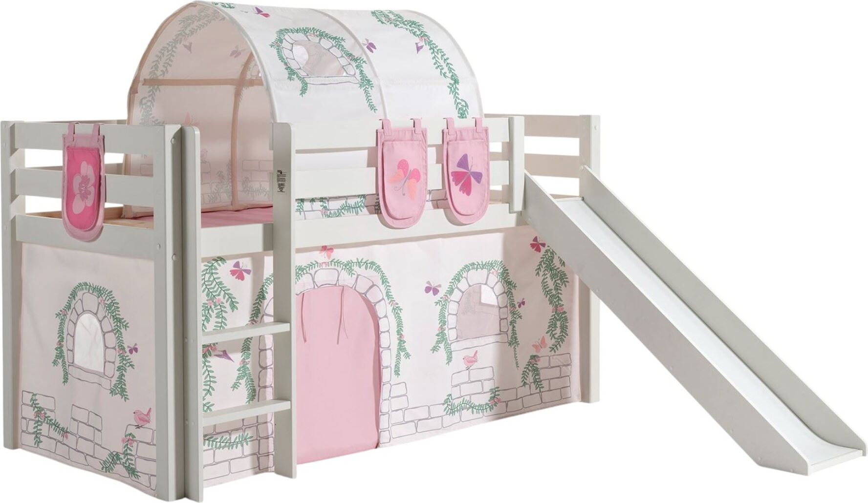 Kinderbett mit Rutsche Karolina Massivholz Weiß Textilset Burg 4