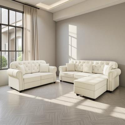ZWYO HOSIMU Velvet Chesterfield Sofa Set with Ottoman, Nailhead Trim and Button Tufting