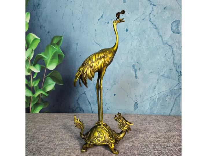 Figurine élégante de tortue et de grue de dragon en laiton – Sculpture décorative de bureau exquise, décoration de maison, artisanat artisanal